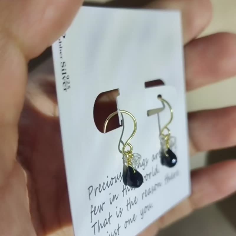 SV925/ 14KGF AAA黑曜石&赫基默钻石耳环(耳夹)Obsidian Herkimer - 耳环/耳夹 - 水晶 黑色