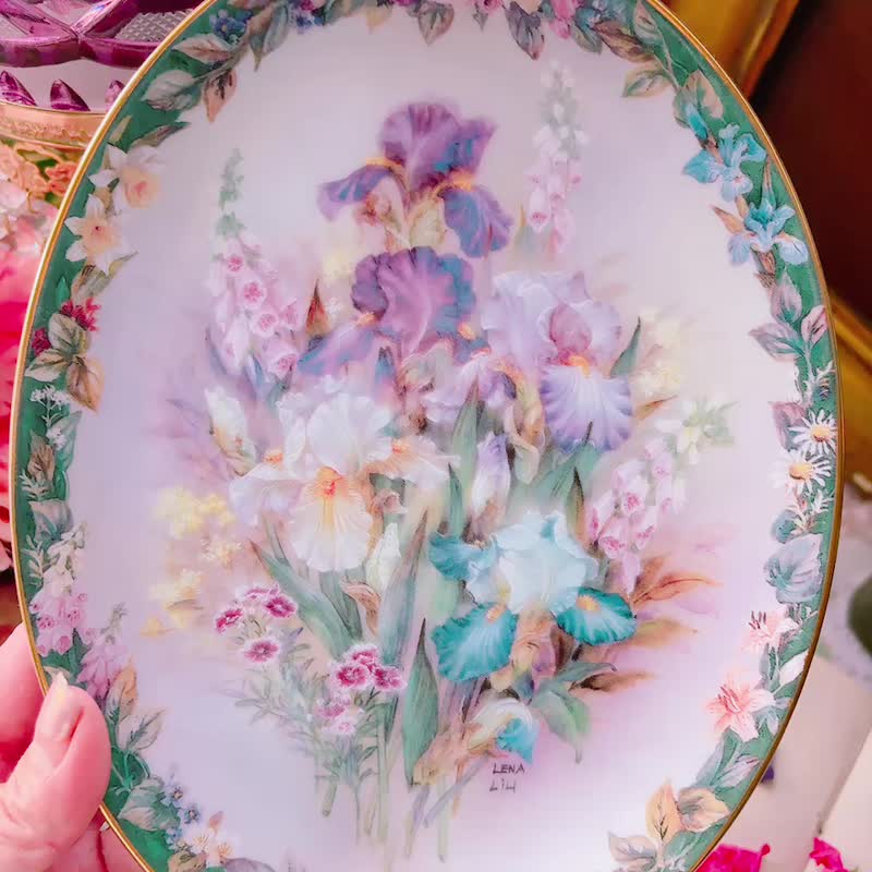 1996年美国华裔画师 Lena Liu 限量手绘盘 手绘花束 收藏盘 挂盘 - 盘子/餐盘/盘架 - 瓷 多色