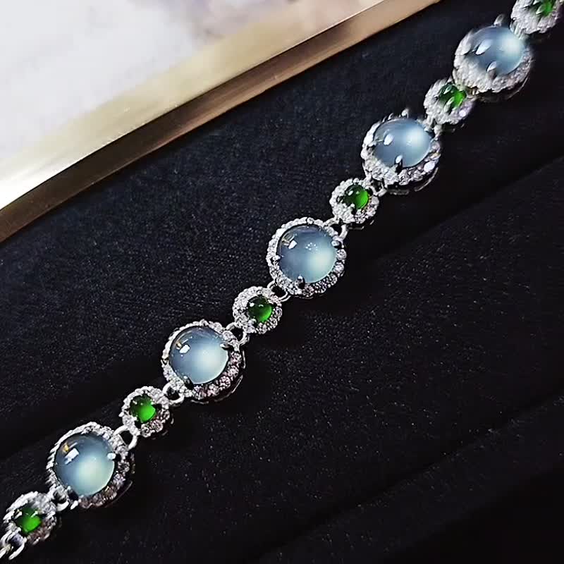 |贵气奢华|A货翡翠冰玻蓝刚大蛋面6.2mm纯银镀18k豪镶款手链 - 手链/手环 - 玉石 