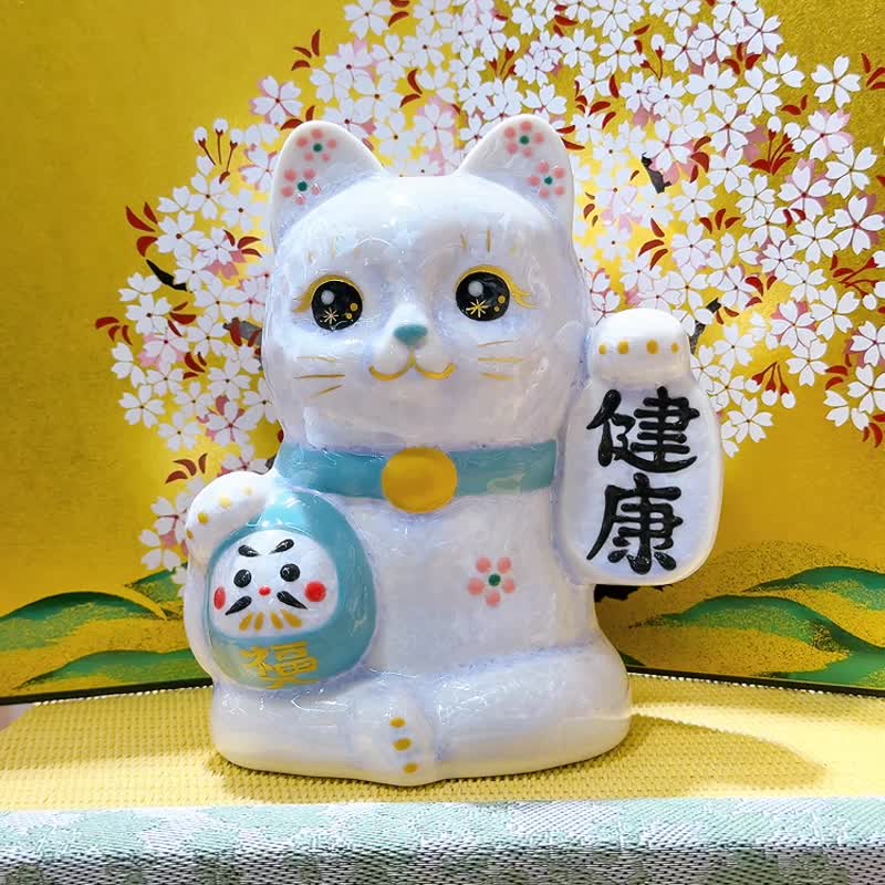 【健康招福】清水烧福运招财猫 | 达摩守护 - 花结晶映辉 - 摆饰 - 瓷 白色