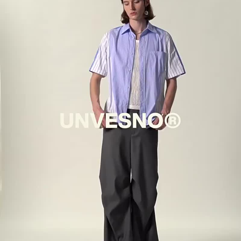 Unvesno (UN) 立体剪裁分割撞色条纹拼接短袖衬衫  SWS-1661 - 男装衬衫 - 棉 蓝色