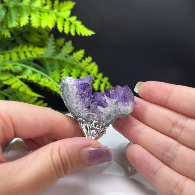 紫水晶活口戒指 原石标本 随形西瓜片 晶柱晶簇手工指环 S925银 - 戒指 - 水晶 紫色