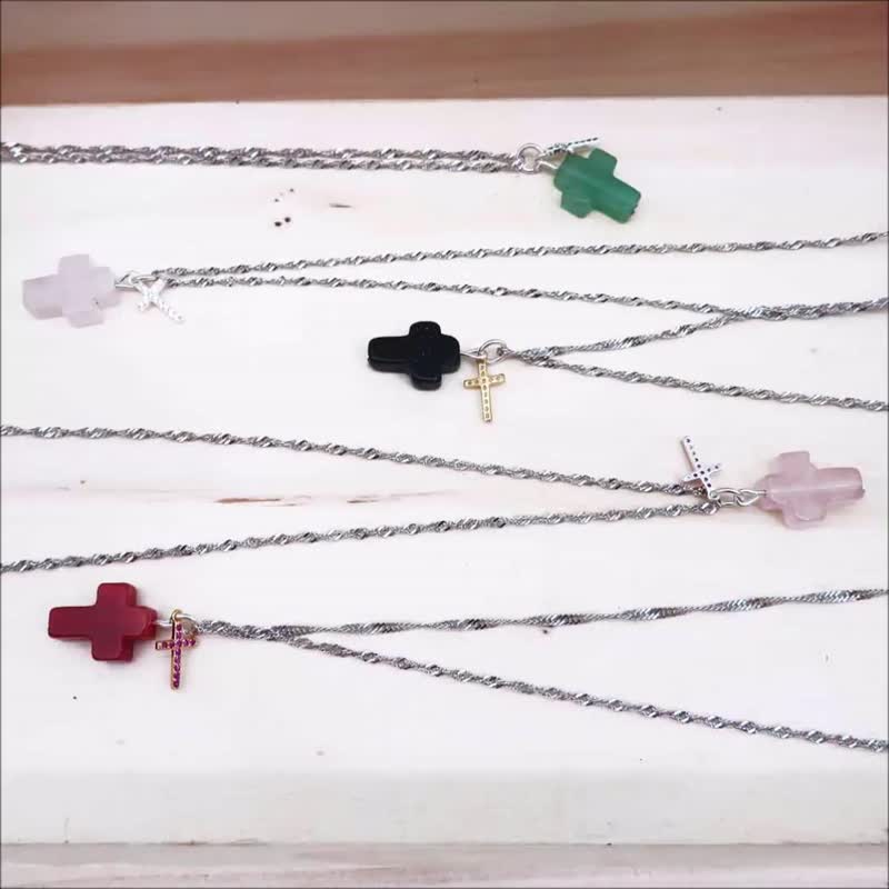 红玛瑙双十字架项链-45cm 纯银微镶镀金玫瑰红钻锆石x天然水晶 - 锁骨链 - 纯银 红色