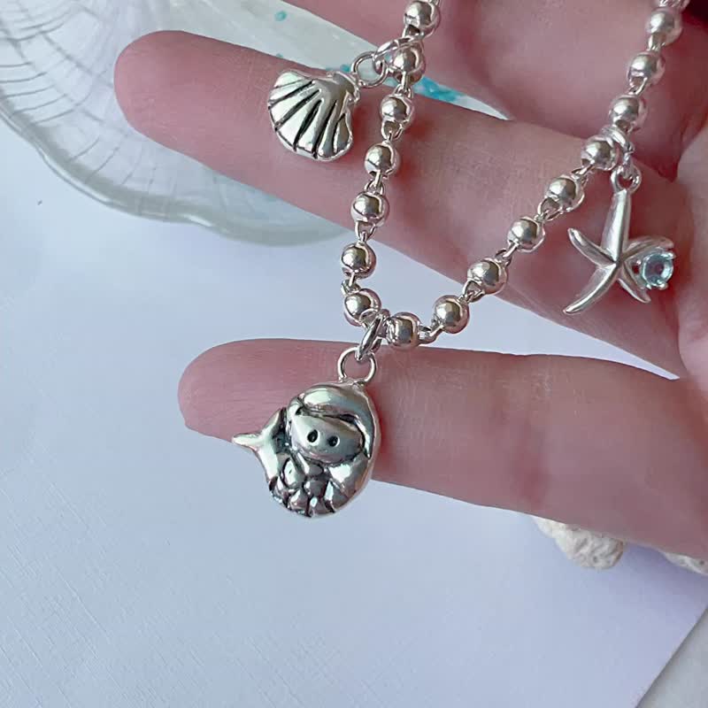海洋精灵-美人鱼 - 海星 -贝壳-925纯银手链-刻字-海水蓝宝 - 婴儿饰品 - 纯银 银色