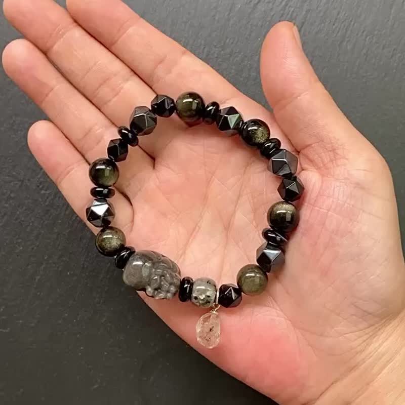 闪灵钻x金曜石x黑玛瑙车轮珠x黑玛瑙x黑胆石x貔貅手链 招财避邪 - 手链/手环 - 水晶 