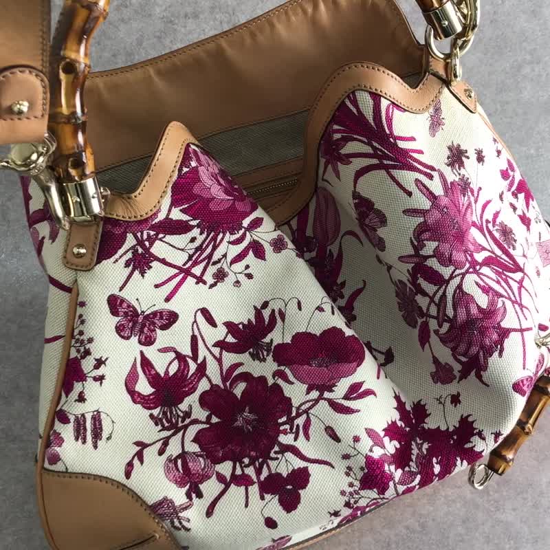 [日本直送，品牌二手包] GUCCI 古驰花痴手提包，白竹帆布，皮革，2way 复古 4thvhr - 手提包/手提袋 - 棉．麻 白色