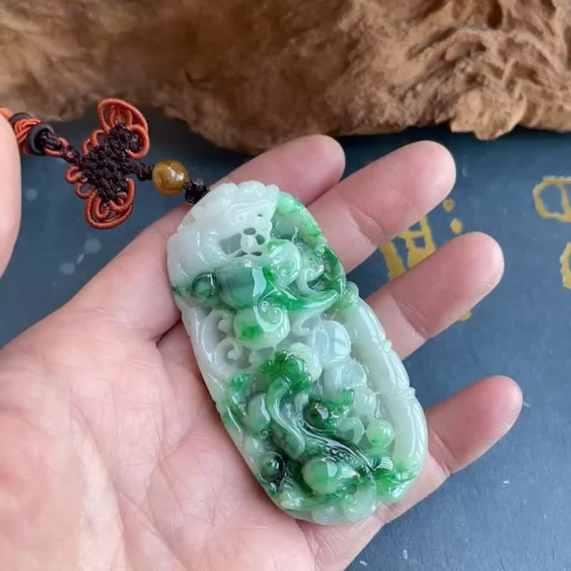 【财禄莲延】天然缅甸翡翠-老种翠花青双面貔貅巧雕挂坠 - 项链 - 玉石 绿色