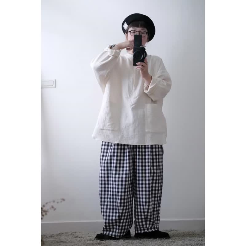 皱皱的宽版开襟上衣/燕麦米白 - 女装上衣 - 棉．麻 白色