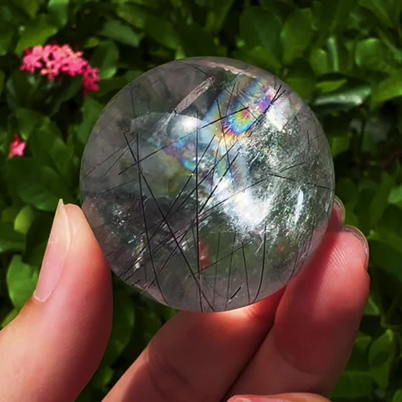 稀有彩虹净透顶级 黑发晶 能量 水晶球 41MM 黑发 水晶 - 摆饰 - 水晶 多色