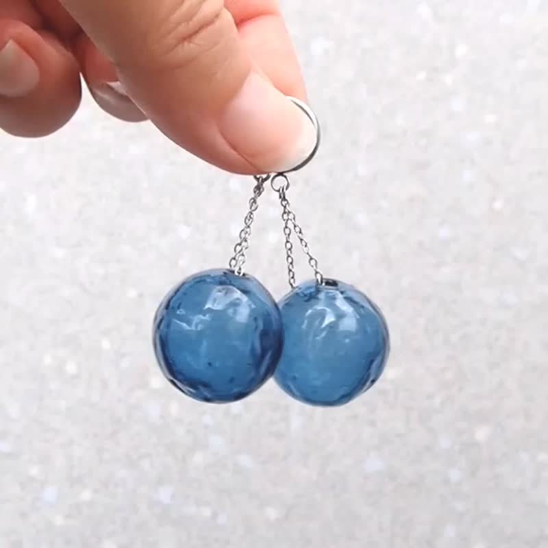 吹制玻璃耳环：气泡系列 - 耳环/耳夹 - 玻璃 蓝色