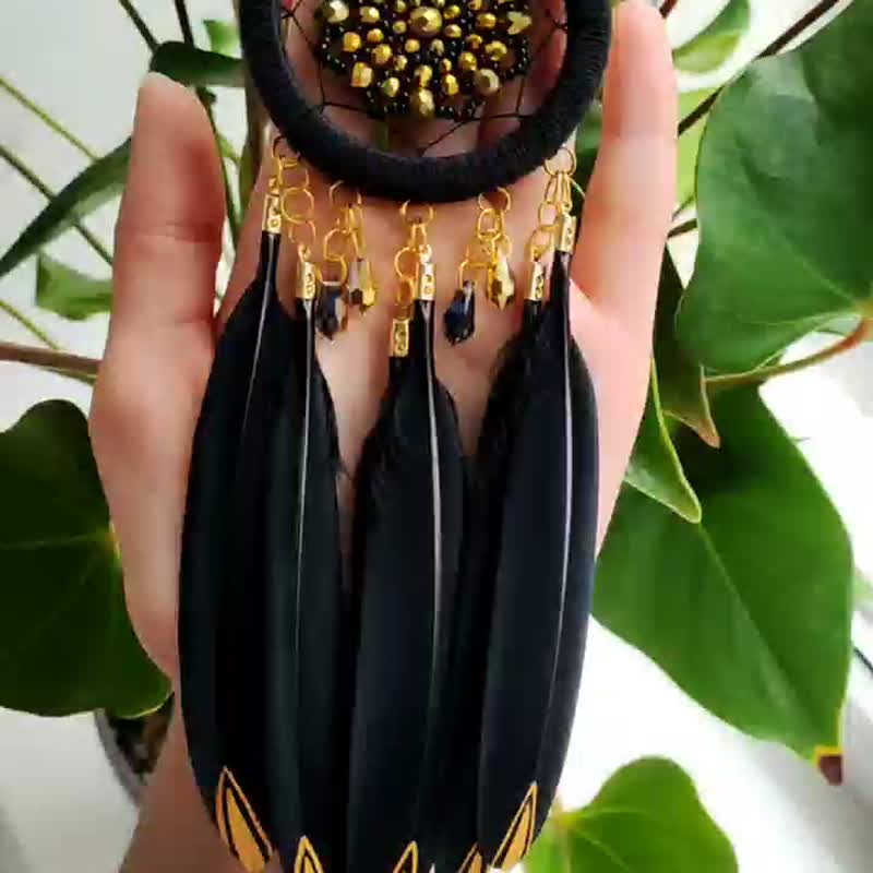 Black and Golden Dream Catcher Car Rear View Mirror Charm - Luxury Accessories - 墙贴/壁贴 - 绣线 黑色