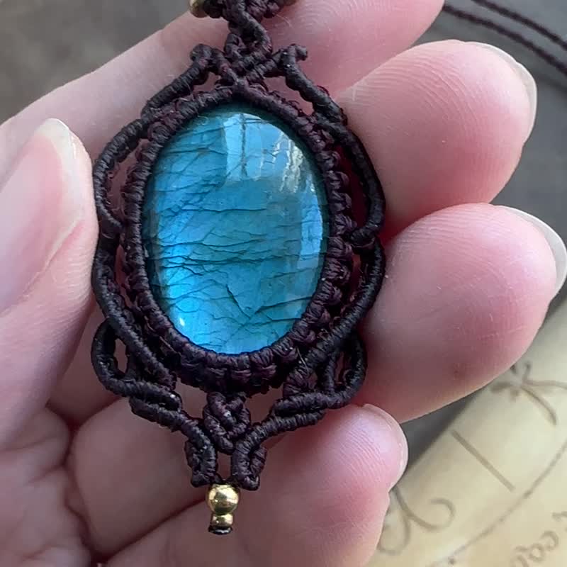 N884 民族风 蜡线编织 拉长石 铜珠 颈链 (可调长度) - 项链 - 宝石 咖啡色