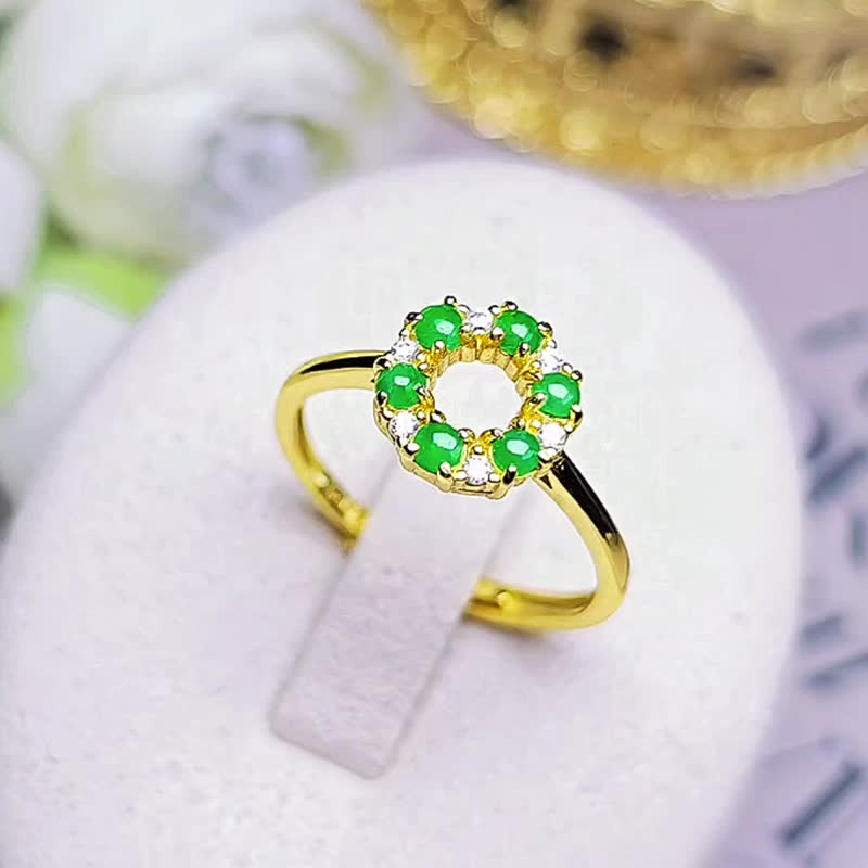 进财圆满|阳绿圆圈|缅甸A货翡翠老种阳绿蛋面纯银多颗花环戒指 - 戒指 - 玉石 