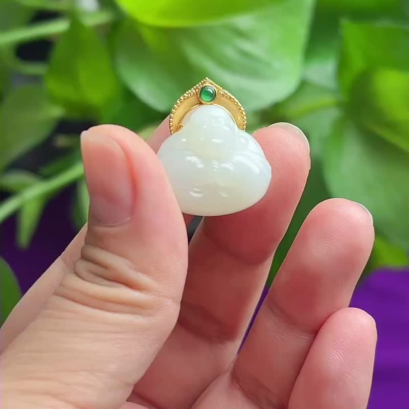 天然和田玉羊脂白玉18K金镶嵌抱抱佛 尺寸25×21×12MM 重8.6克 - 项链 - 水晶 