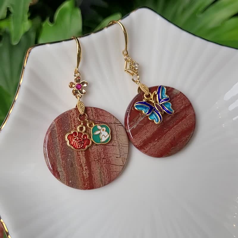 红碧玉 圆牌 如意 兔 蝴蝶 所愿皆成 不对称设计 大宝石耳环 单品 - 耳环/耳夹 - 宝石 红色