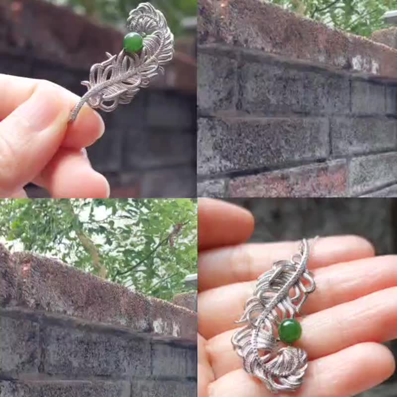 台湾玉羽毛胸针项链 | 925银两用饰品・2WAY可转换设计・气质礼物 - 胸针 - 玉石 绿色