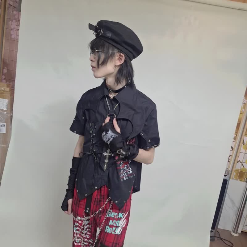 原创庞克恶魔信使蝙蝠领绑带铆钉项链领带燕尾短袖衬衫【JJ2528 - 女装衬衫 - 聚酯纤维 