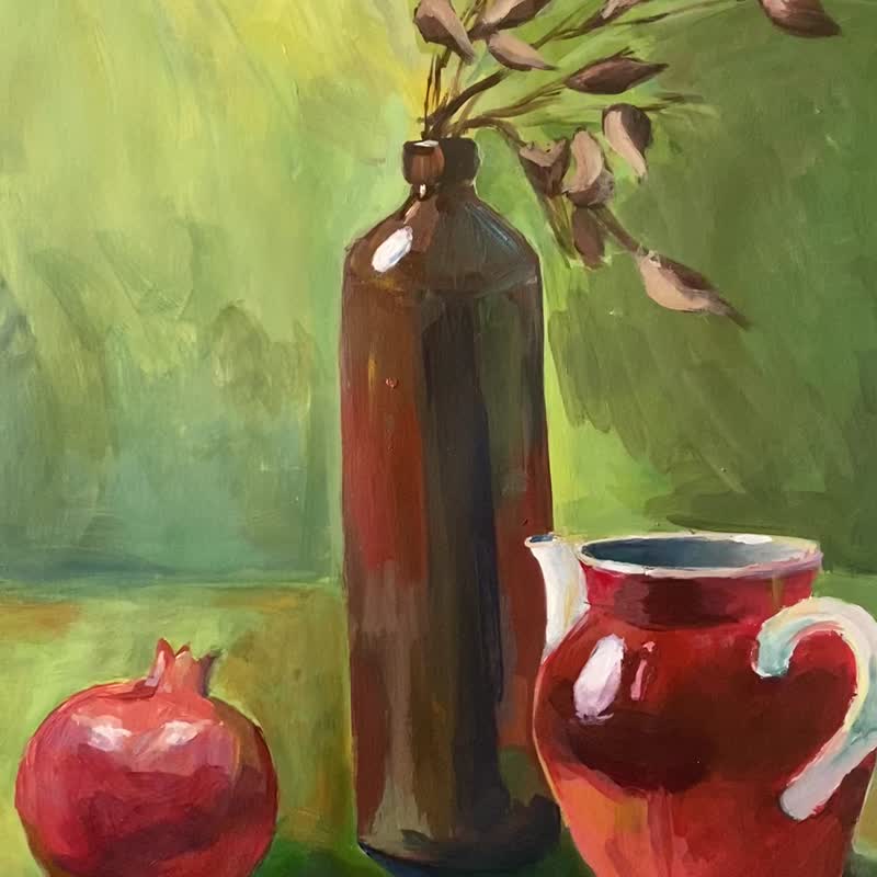 静物与干燥花红壶和石榴墙壁装饰原画 - 墙贴/壁贴 - 纸 