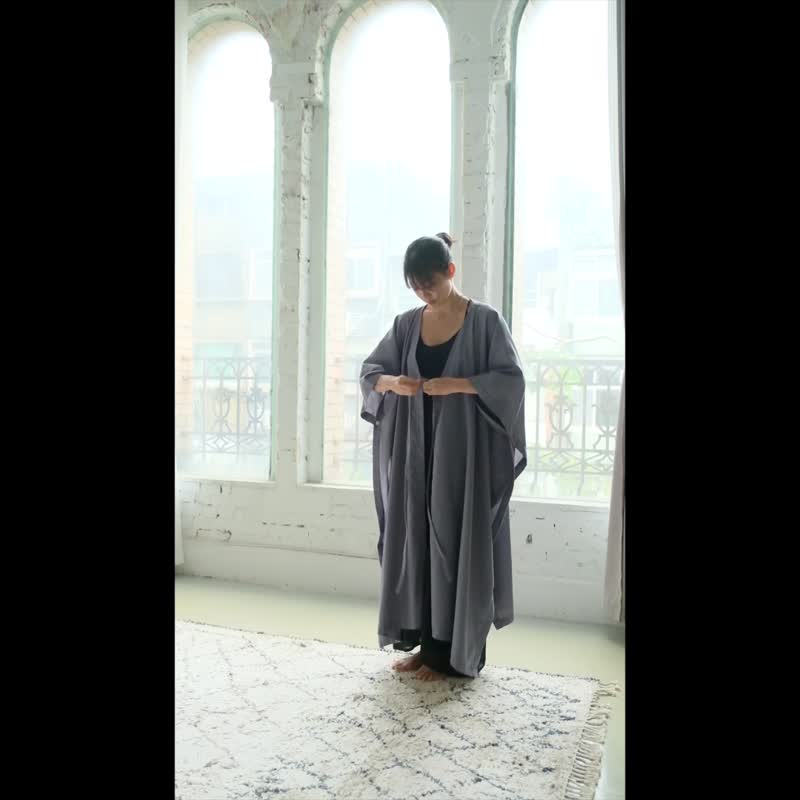OMAKE 宽版绑带长袍罩衫 / 棉麻 灰蓝 - 女装休闲/机能外套 - 棉 粉红色