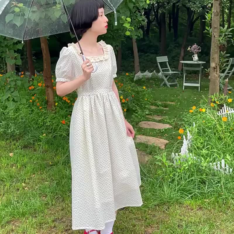 藍色波點 法式復古少女方領洋裝 系帶收腰連身裙 夏季短袖娃娃裙 - 洋装/连衣裙 - 棉 黄色