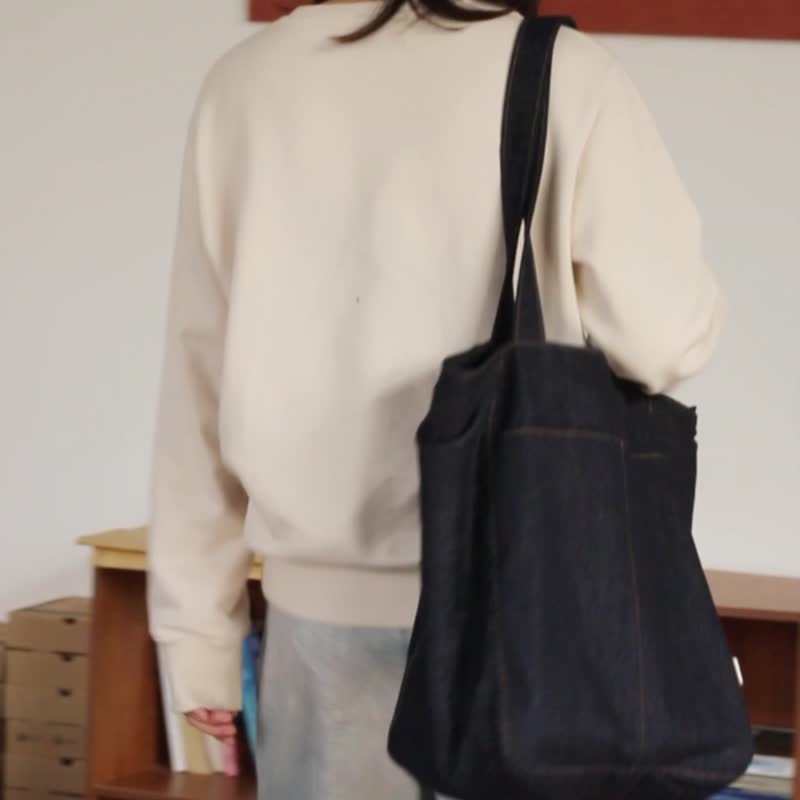 sobag日系通勤大容量帆布单肩包女不褪色牛仔布设计感小众托特包 - 侧背包/斜挎包 - 棉．麻 蓝色