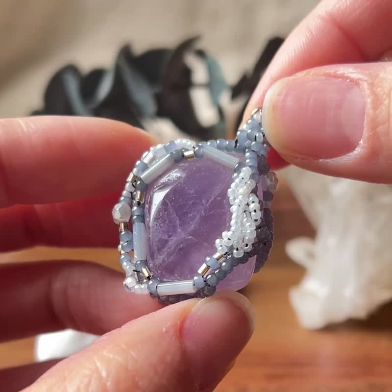 随形紫水晶 玻璃米珠x天然石 串珠吊坠 配宝石链 - 项链 - 水晶 紫色