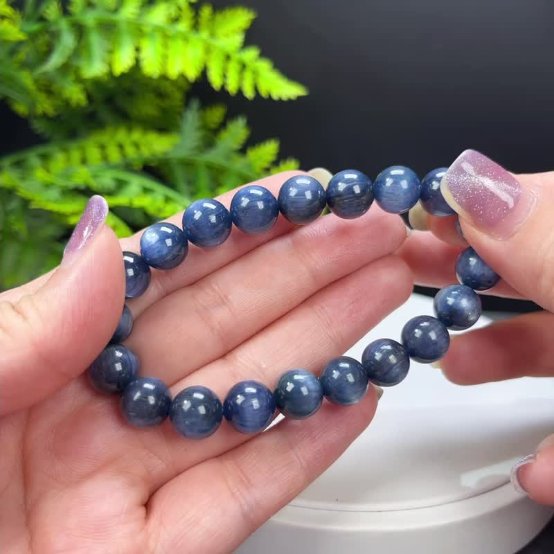 天然蓝晶石手串 颗颗猫眼效应 男女单圈手链 深蓝色宝石手串 10mm - 手链/手环 - 宝石 蓝色