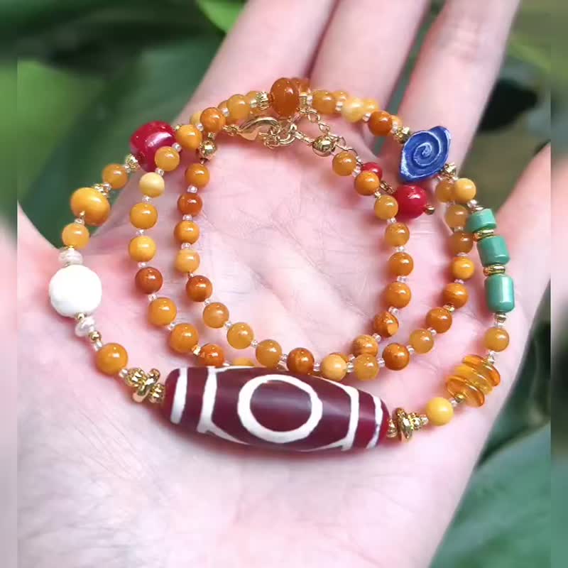 红玛瑙玉瓍 天珠 佛教七宝 智慧 彩虹 脉轮 3圈手链项链 2用 礼物 - 手链/手环 - 宝石 多色