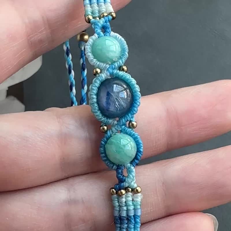 BB191 民族风 蜡线编织 蓝晶石 天河石 铜珠 手环 (可调长度) - 手链/手环 - 宝石 蓝色