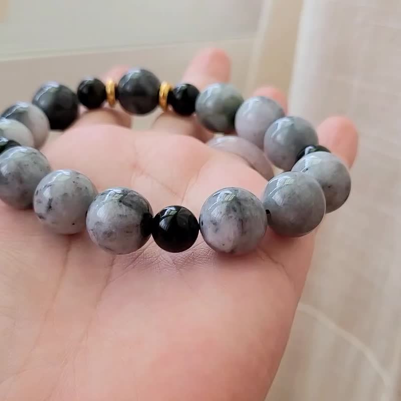 【亲翠】天然翡翠 冰超级意境乌鸡圆珠vs药珀圆珠13mm手围18适合 - 手链/手环 - 玉石 多色