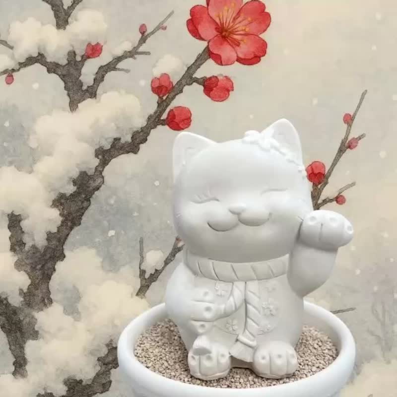 花耳招财猫小盘组 招福香氛扩香套组 文青开运摆件 开店礼首选 - 香薰/精油/线香 - 水泥 白色