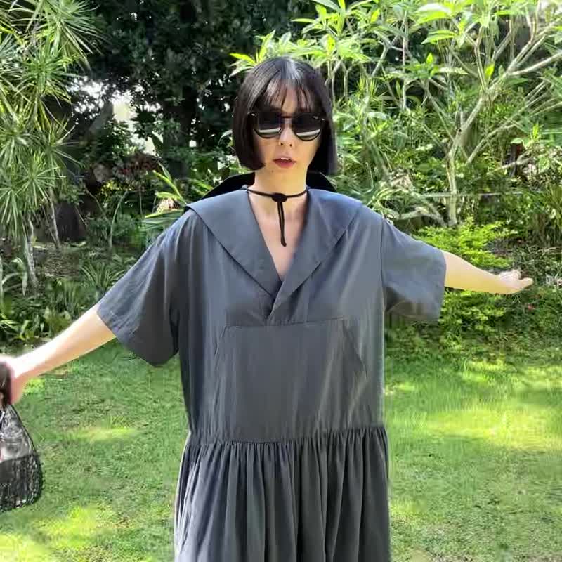 夏の水手领洋装 灰蓝 - 洋装/连衣裙 - 尼龙 蓝色