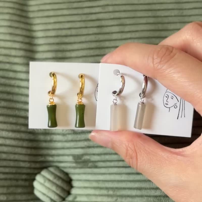 【居竹】天然晶石 全925纯银圆耳圈 - 耳环/耳夹 - 纯银 绿色