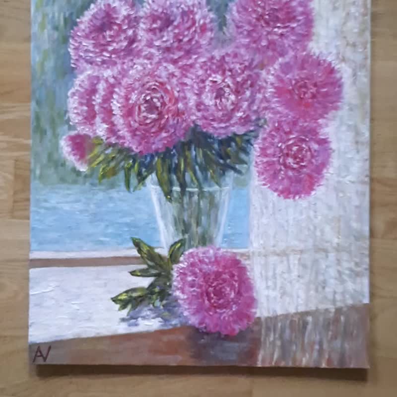 粉色紫苑 原创油画，纹理花卉静物，浪漫艺术画作 - 墙贴/壁贴 - 其他材质 