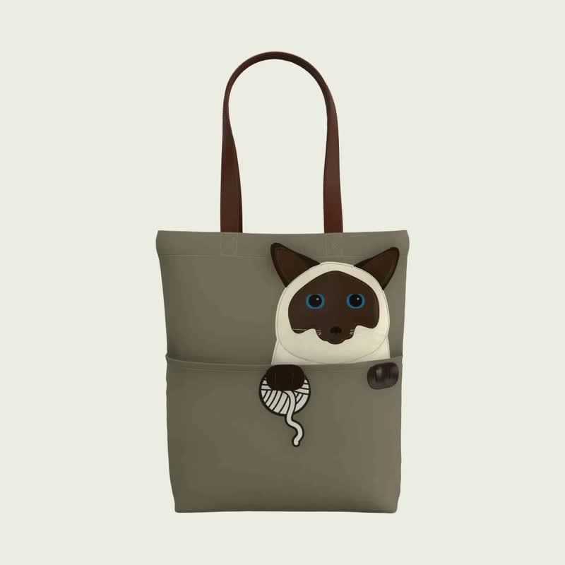 爱玩毛线的蓝眼睛暹罗猫童趣造型帆布托特包 低调灰  - 酷乐村 - 侧背包/斜挎包 - 棉．麻 灰色