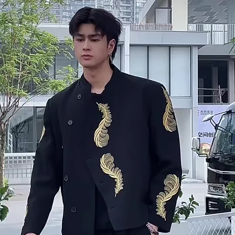 新中式立领羽毛刺绣夹克外套   休闲西服男装 - 男装西装外套 - 其他材质 黑色