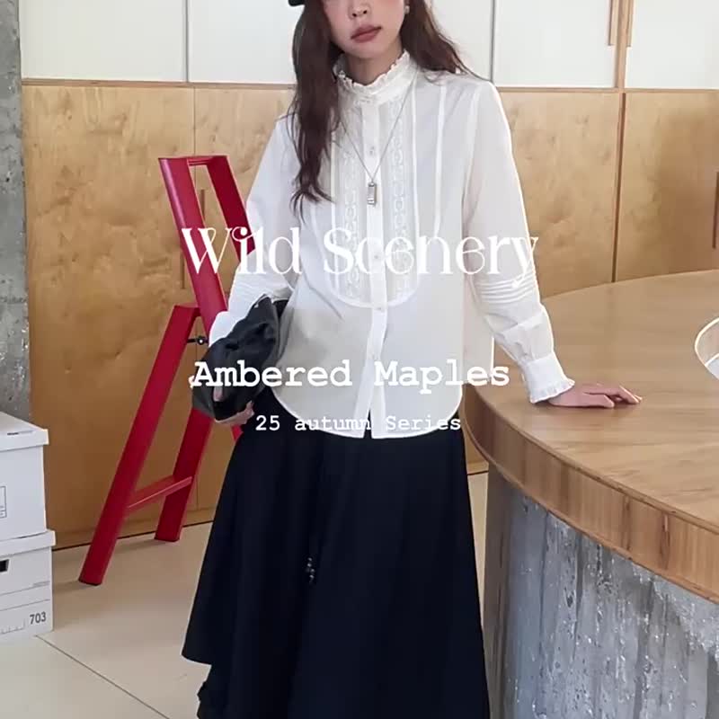 雲霧白色 秋日何時來 法式文藝木耳邊長袖襯衫疊搭襯衣 - 女装衬衫 - 棉 白色