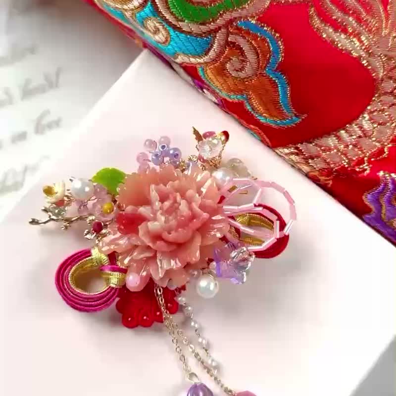 珍珠头饰/旗袍发饰/结婚头饰/裙褂头饰/中式头饰/中式新娘/ - 发饰 - 树脂 红色