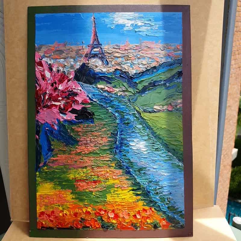 Oil Painting Eiffel Tower Original Art Roses Flowers Wall Art Paris Cityscape - 海报/装饰画/版画 - 其他材质 多色