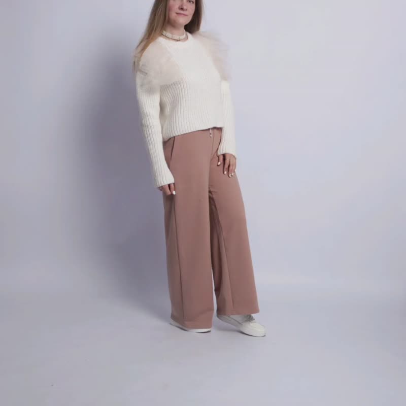 手工针织美利奴羊毛白色毛衣，薄纱荷叶边，女装 - 女装针织衫/毛衣 - 羊毛 白色