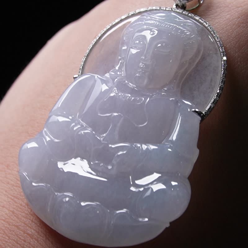 冰种翡翠观音菩萨项链18K金钻石镶嵌 | 天然缅甸玉翡翠A货 | 送礼 - 项链 - 玉石 白色