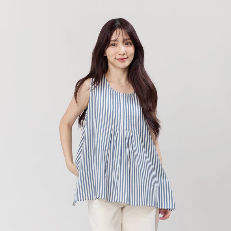 Coco无袖前折伞摆印花上衣/藍白細條 - 女装背心 - 棉．麻 蓝色