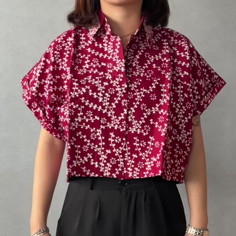 印尼蜡染可爱少女风短版衬衫 PUPUT - 红桑葚 - PUP028 - 女装上衣 - 棉．麻 红色