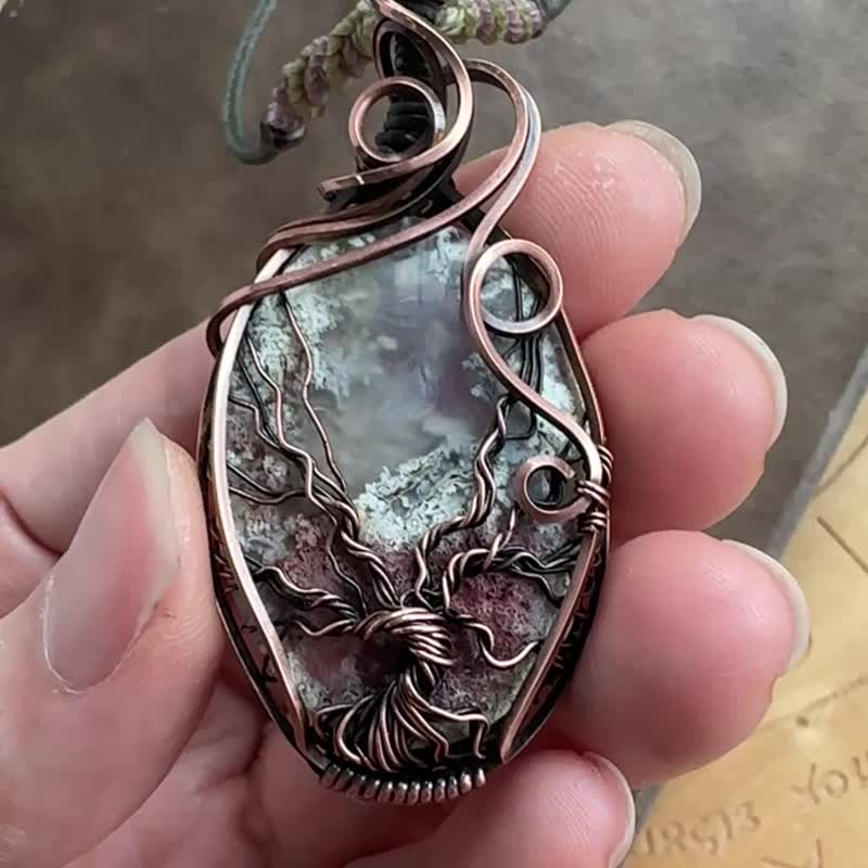 WW386 民族风 全手工绕纯铜线 wire wrap 生命之树水草玛瑙吊咀 - 项链 - 铜/黄铜 咖啡色