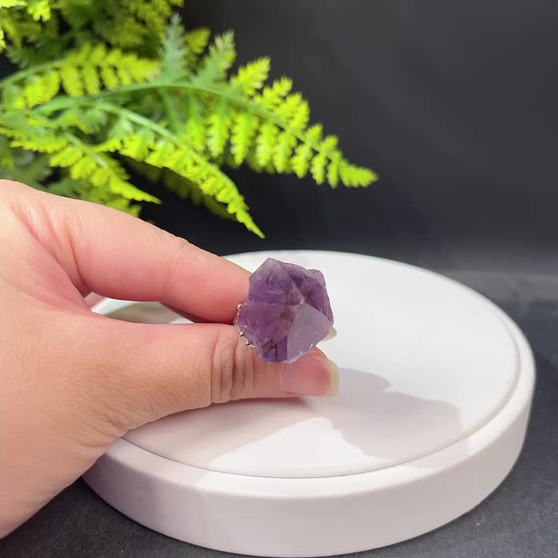 紫水晶活口戒指 随形晶柱紫色水晶原石标本矿物手工指环 S925银 - 戒指 - 水晶 紫色