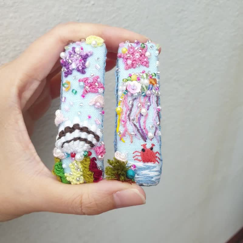 一组两入 刺绣发夹，海洋沙滩发夹，发饰 - 发饰 - 亚麻 蓝色