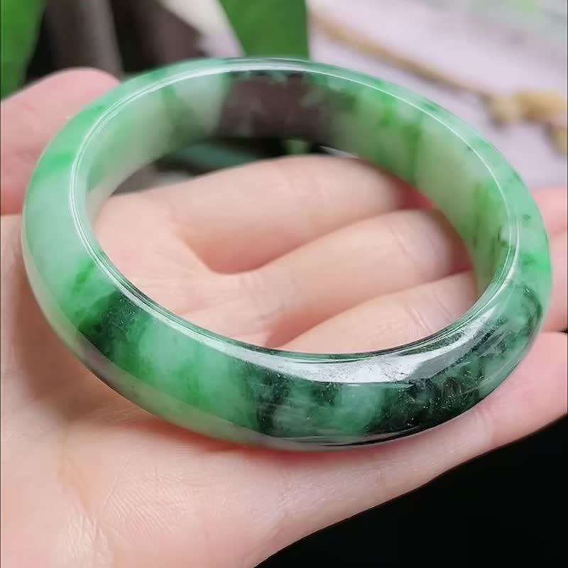 冰种 天然翡翠 缅甸 A玉 玉镯 • 糯冰种花青翡翠福镯 - 手链/手环 - 玉石 绿色