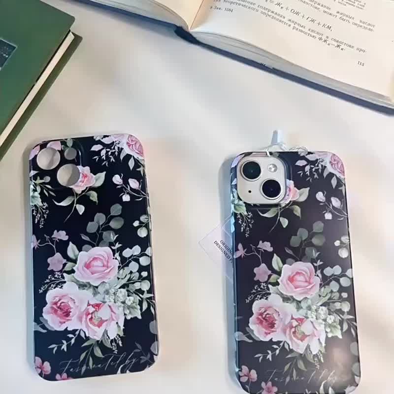 黑色嶼溫柔 水彩菲林文藝綠植ins風黑粉色花iphone携帯ケース - 手机壳/手机套 - 硅胶 