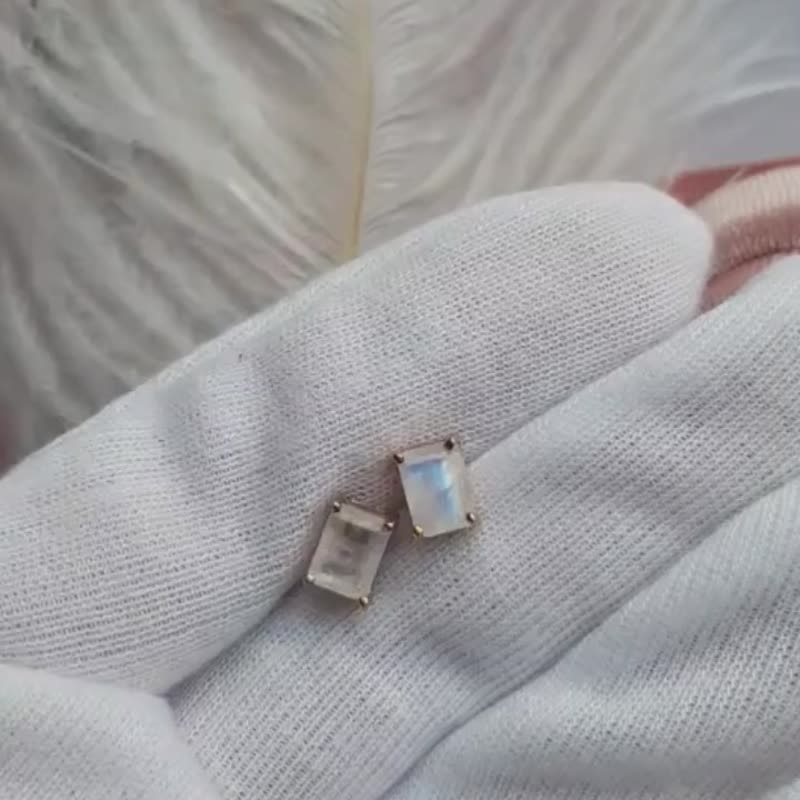 方形切割彩虹月光石 925 纯银镀玫瑰金 耳环 - 耳环/耳夹 - 纯银 白色
