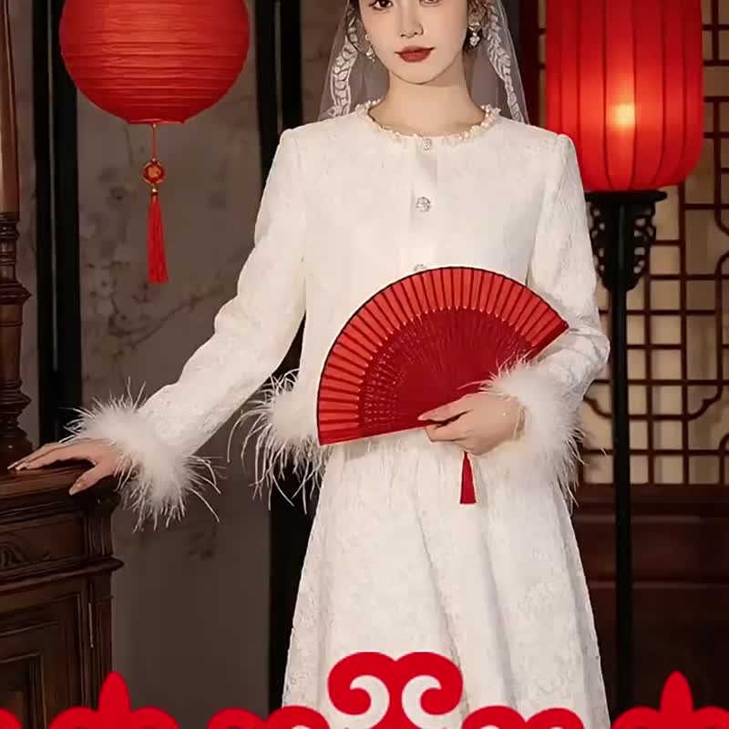 白色 月棠新中式白色新娘春秋回門便裝 結婚訂婚套裝禮服 - 旗袍 - 其他人造纤维 白色